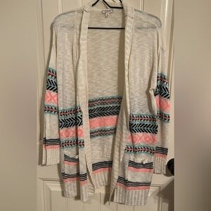 Open Front Aztec Print Cardigan - Cream, Pink, Teal and Black